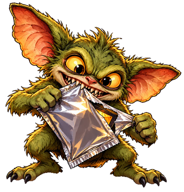 Pack Gremlin, a green furry gremlin tearing open a foil card pack with his teeth